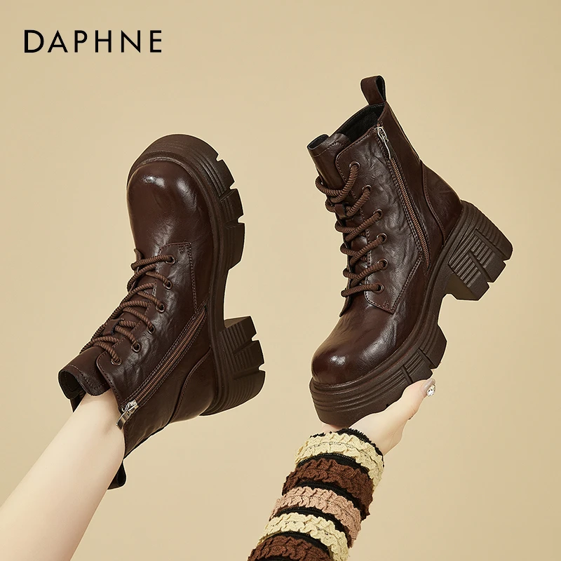 达芙妮7CM厚底马丁靴女2025冬季加绒英伦短靴小个子增高瘦瘦女靴