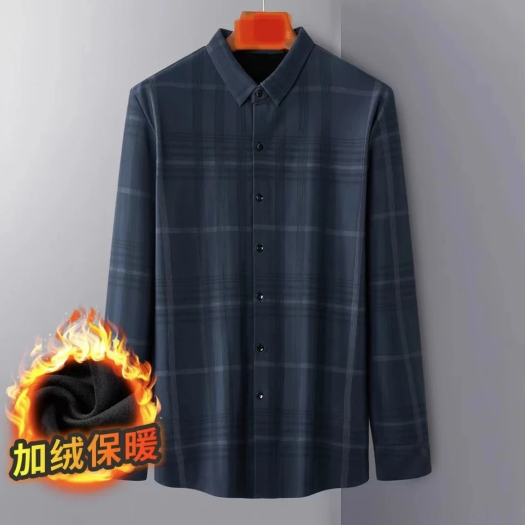 7951【加绒高弹】时尚格子数码印花加绒衬衫保暖长袖男装商务上衣
