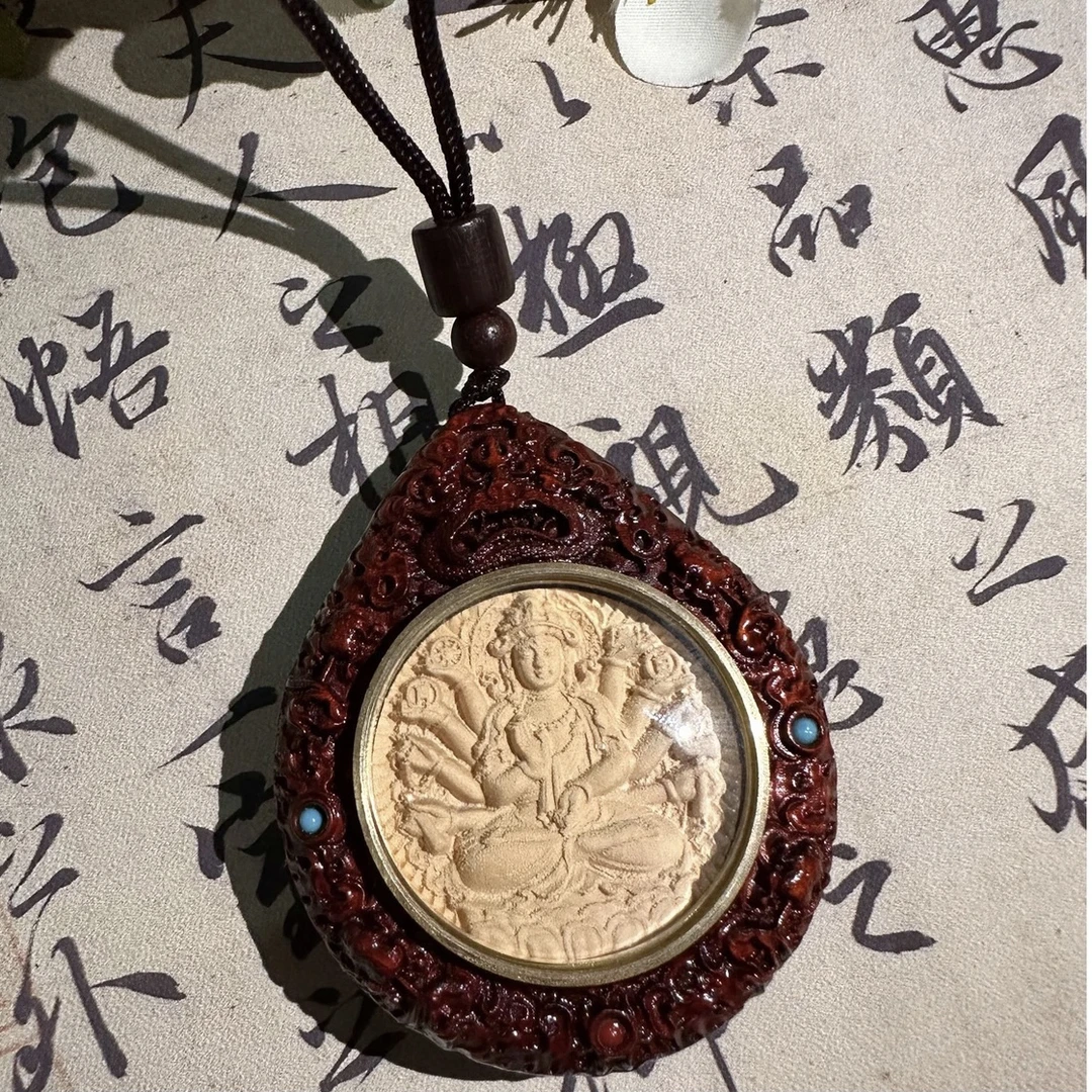 十二生肖本命佛小叶紫檀手工镶嵌黄杨木八大守护神复古脖挂件车挂