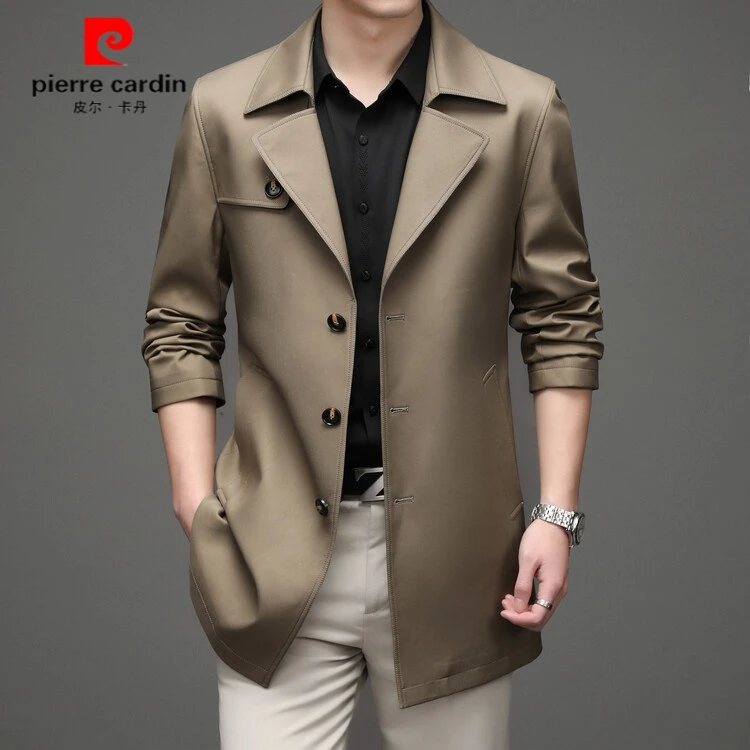 皮尔卡丹男士高端中长款风衣秋冬薄款翻领风衣英伦风时尚修身外套