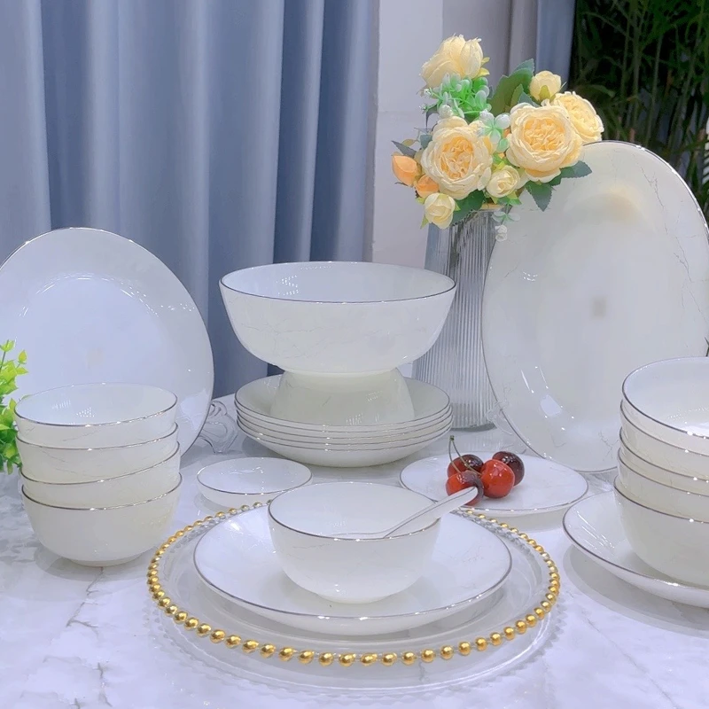68件到手大理玉瓷餐具高端碗碟套装家用陶瓷碗餐具套装高级感轻奢