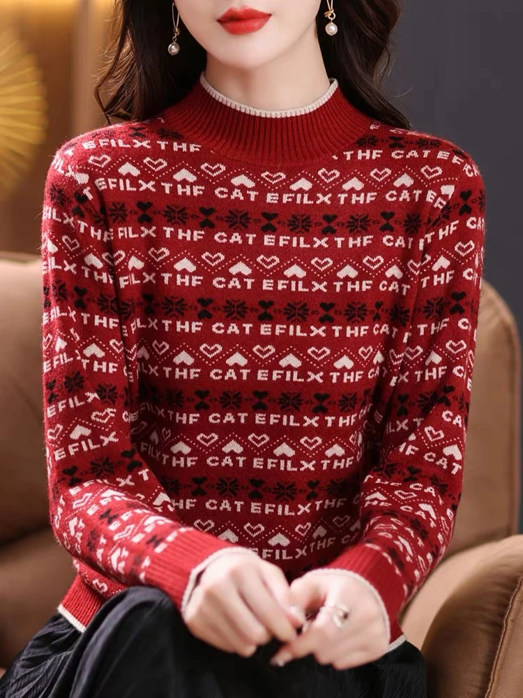 女士毛衣夹色字母提花套头厚2023秋冬新款半高领针织衫宽松打底衫