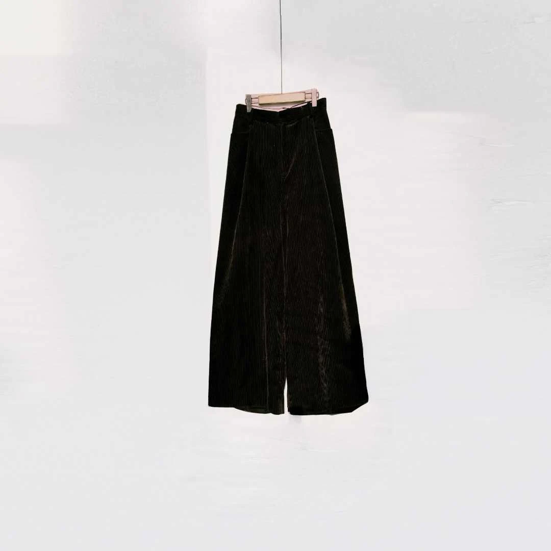 复古黑棕色灯芯绒阔腿裤气质裤子PA090