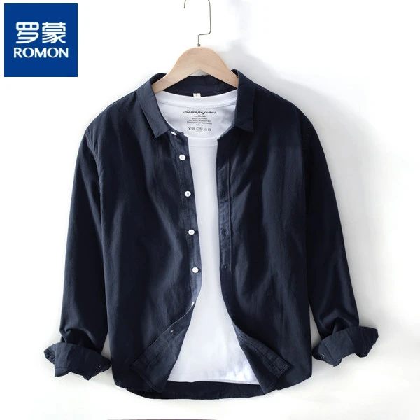 罗蒙春秋款休闲长袖衬衫男士复古青年百搭文艺宽松潮流衬衣外套男