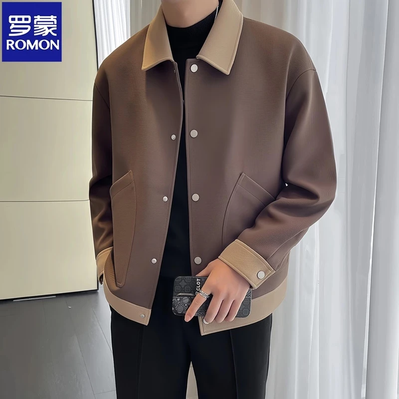 Romon/罗蒙秋冬季新款撞色设计简约时尚夹克休闲宽松翻领纯色外套