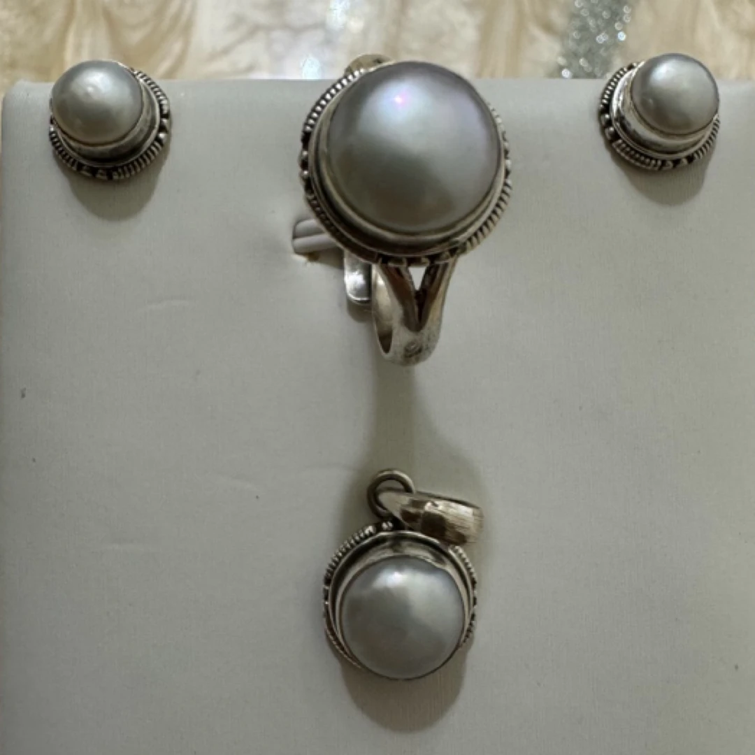 925银戒指 民族元素925银镶嵌珠珠三件套套装