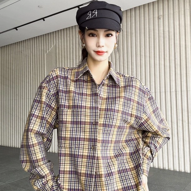 AMASS/阿玛施 春秋复古共享廓型休闲百搭简约格纹衬衫/5300911