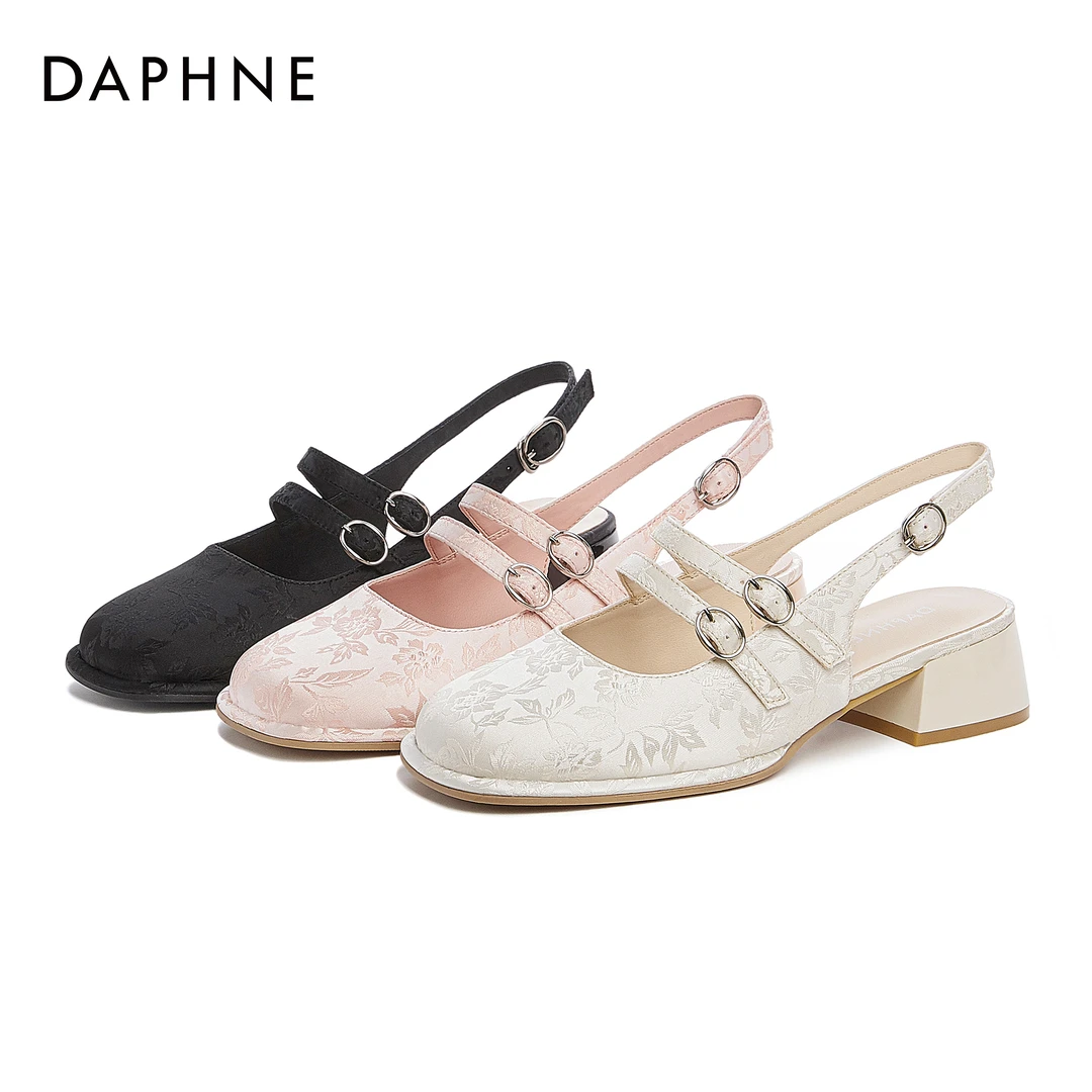 达芙妮品牌女鞋2024夏季新款百搭外穿平底粗跟浅口时尚一字带跟鞋