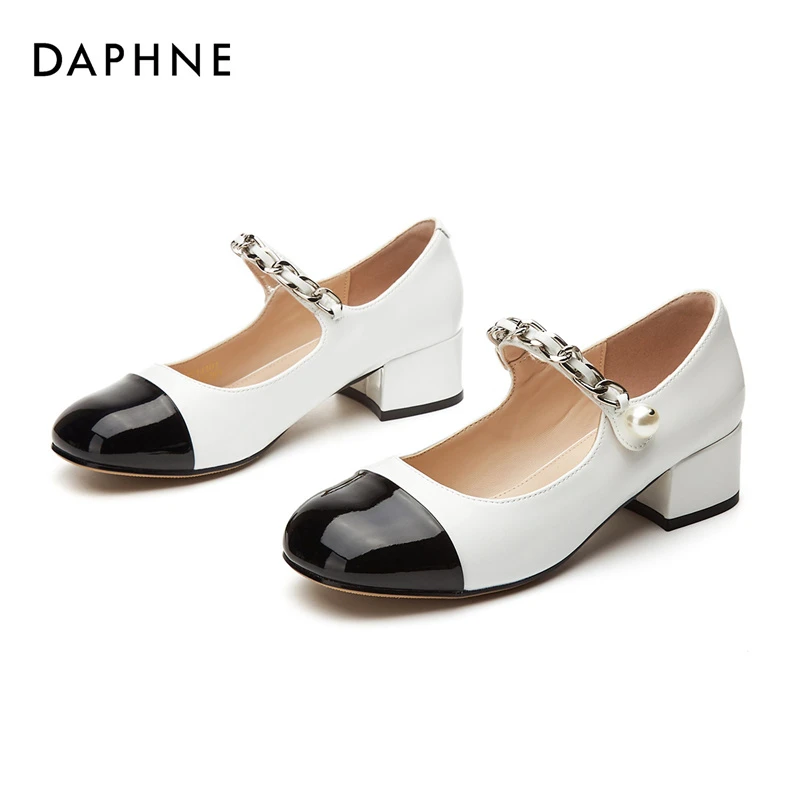 Daphne/达芙妮达芙妮玛丽珍浅口一字带单鞋百搭粗跟圆头中跟鞋春