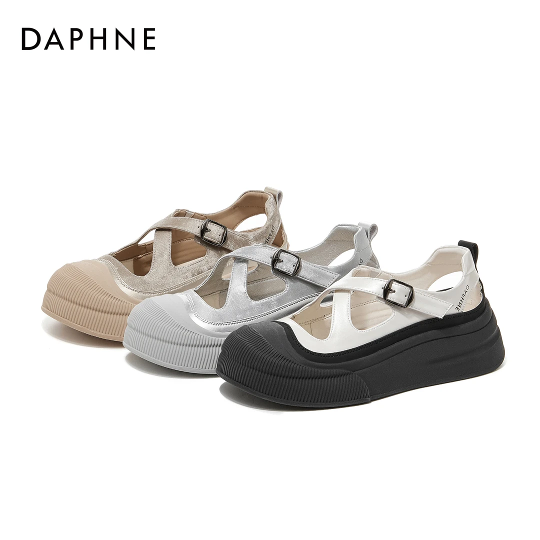 达芙妮舒适时尚小众百搭夏季复古厚底镂空透气软底外穿平底凉鞋子