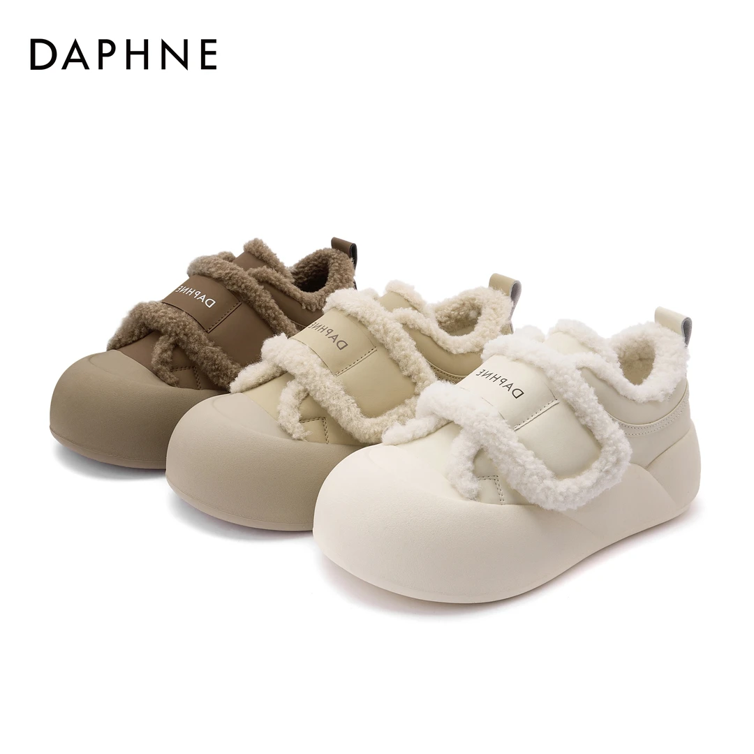 达芙妮2023秋季新款时尚休闲鞋防滑平底百搭毛毛底外穿厚底加绒鞋