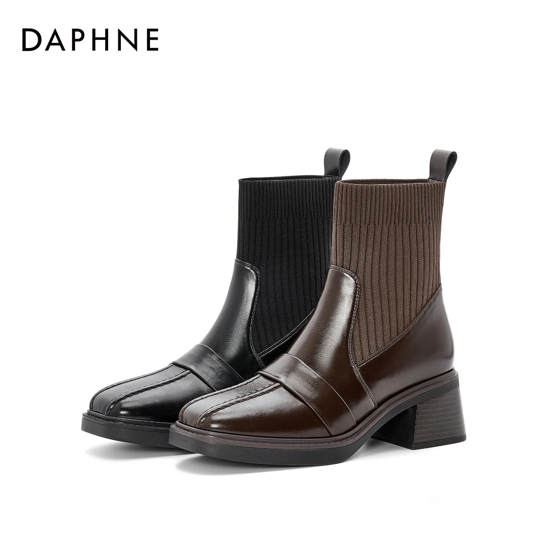 达芙妮秋冬上新时尚气质百搭复古厚底弹力靴英伦风简约粗跟瘦瘦靴