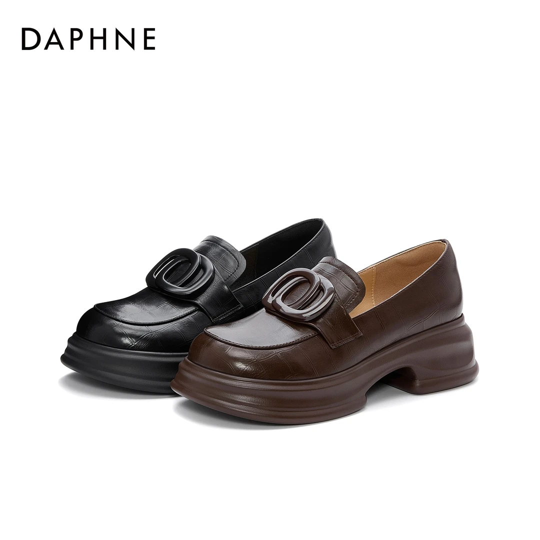 达芙妮品牌时尚复古厚底乐福鞋秋季新款气质百搭粗跟圆头单鞋