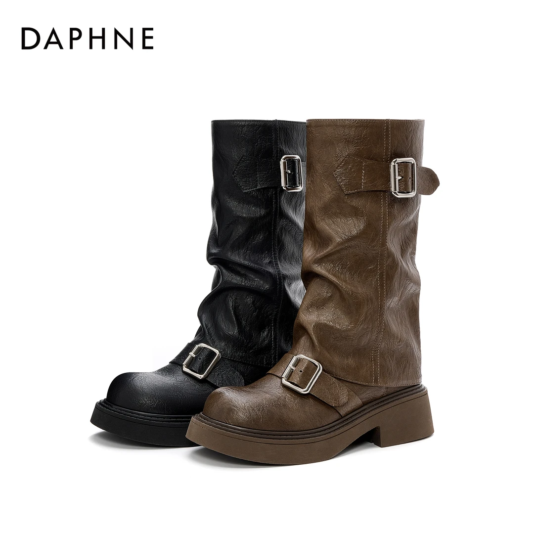 达芙妮秋冬上新时尚高筒厚底骑士靴复古皱皮设计感圆头堆堆女靴