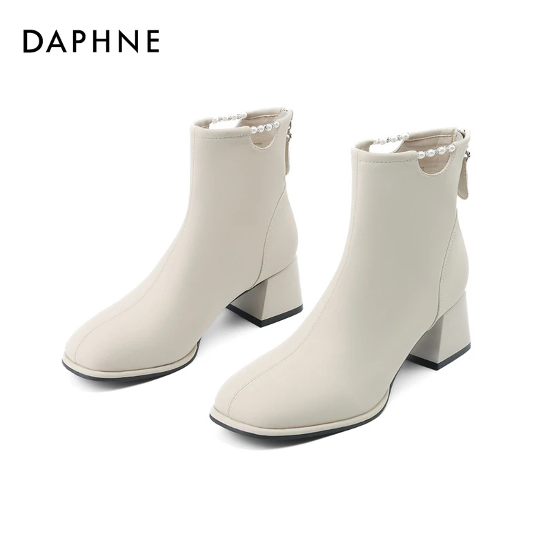 Daphne/达芙妮法式气质短靴2023新款秋季粗跟中筒靴后拉链瘦瘦靴
