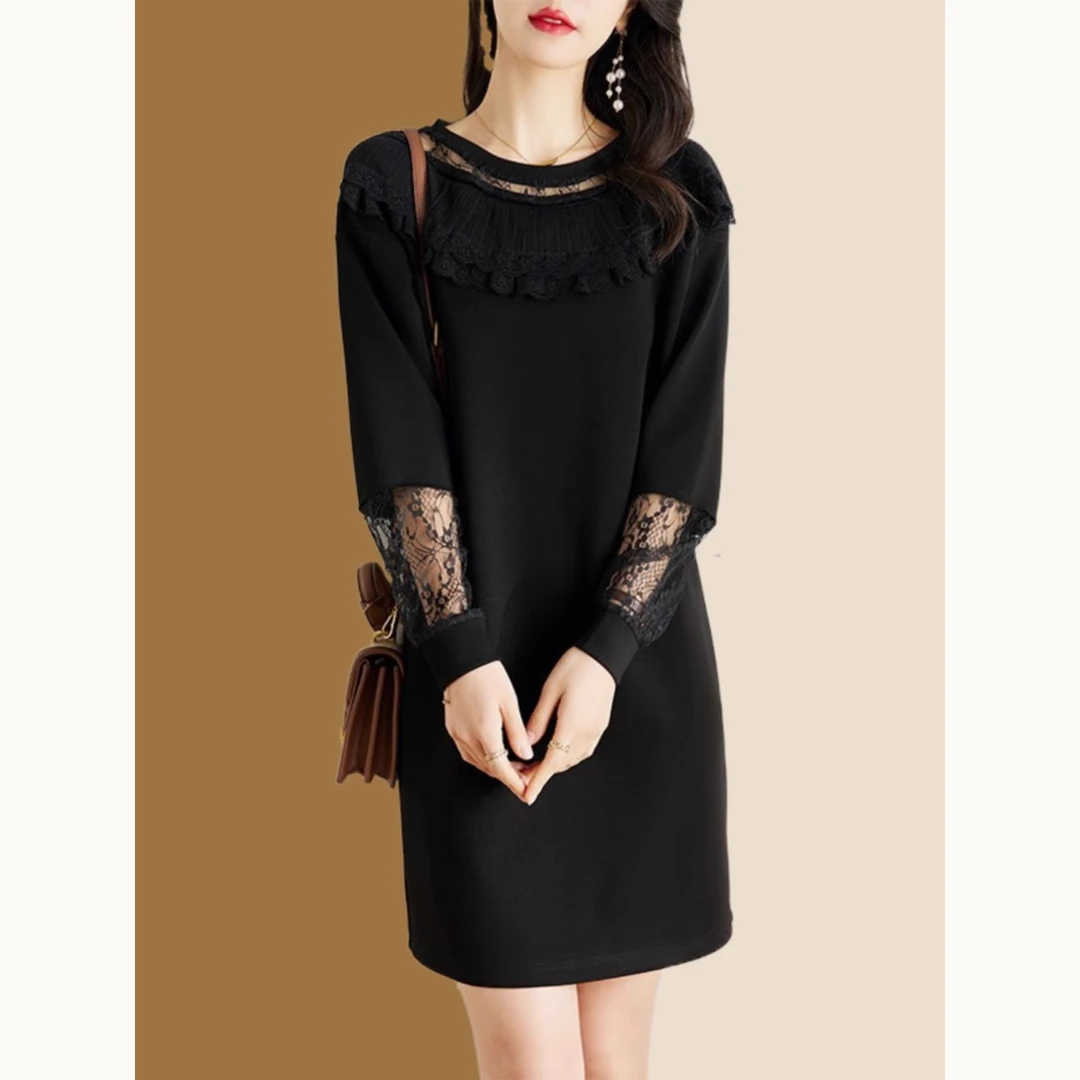 蕾丝拼接长袖连衣裙女2024春秋新款大码宽松显瘦休闲气质小黑裙子