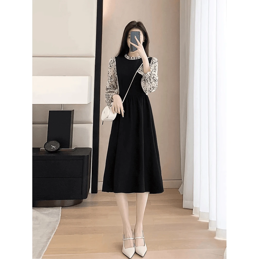 时尚气质女装连衣裙2024秋季新款黑色复古高级感收腰修身小黑裙子