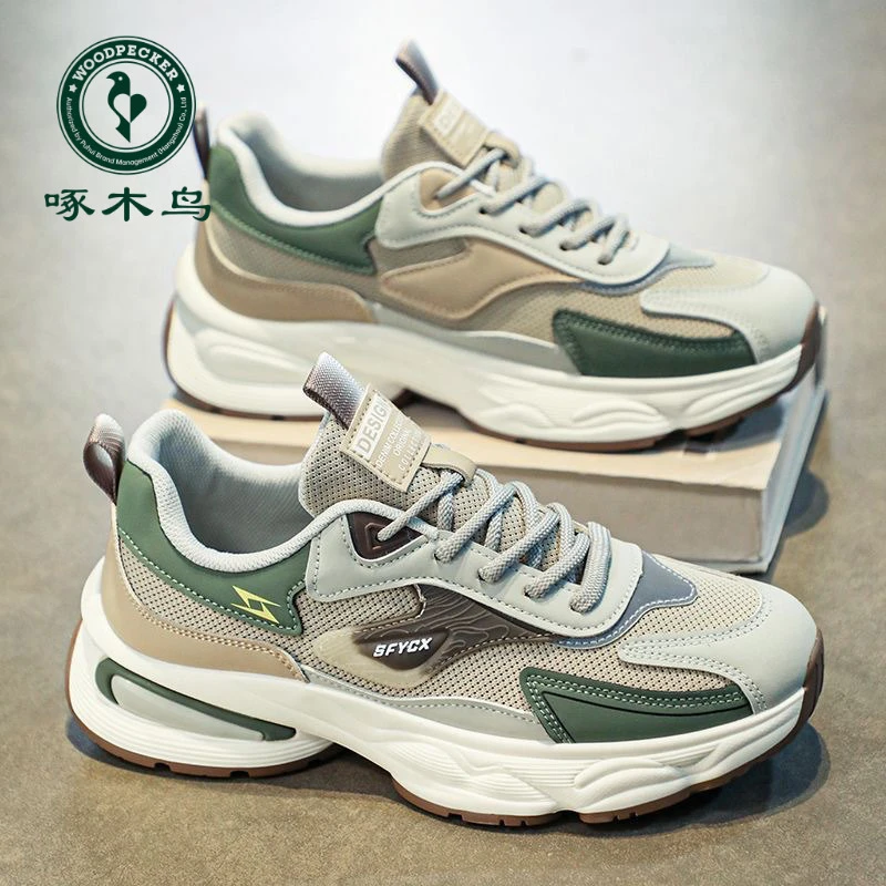 【正品】啄木鸟2025ins男鞋春秋透气百搭耐磨网面运动休闲老爹潮鞋