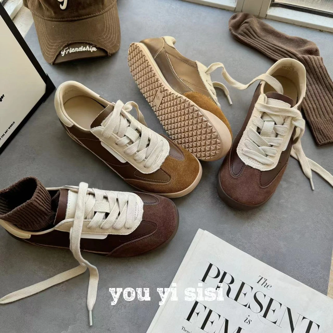 有意思思女鞋“巧克力德训”时尚百搭软底小众雅丹德训鞋低帮系带