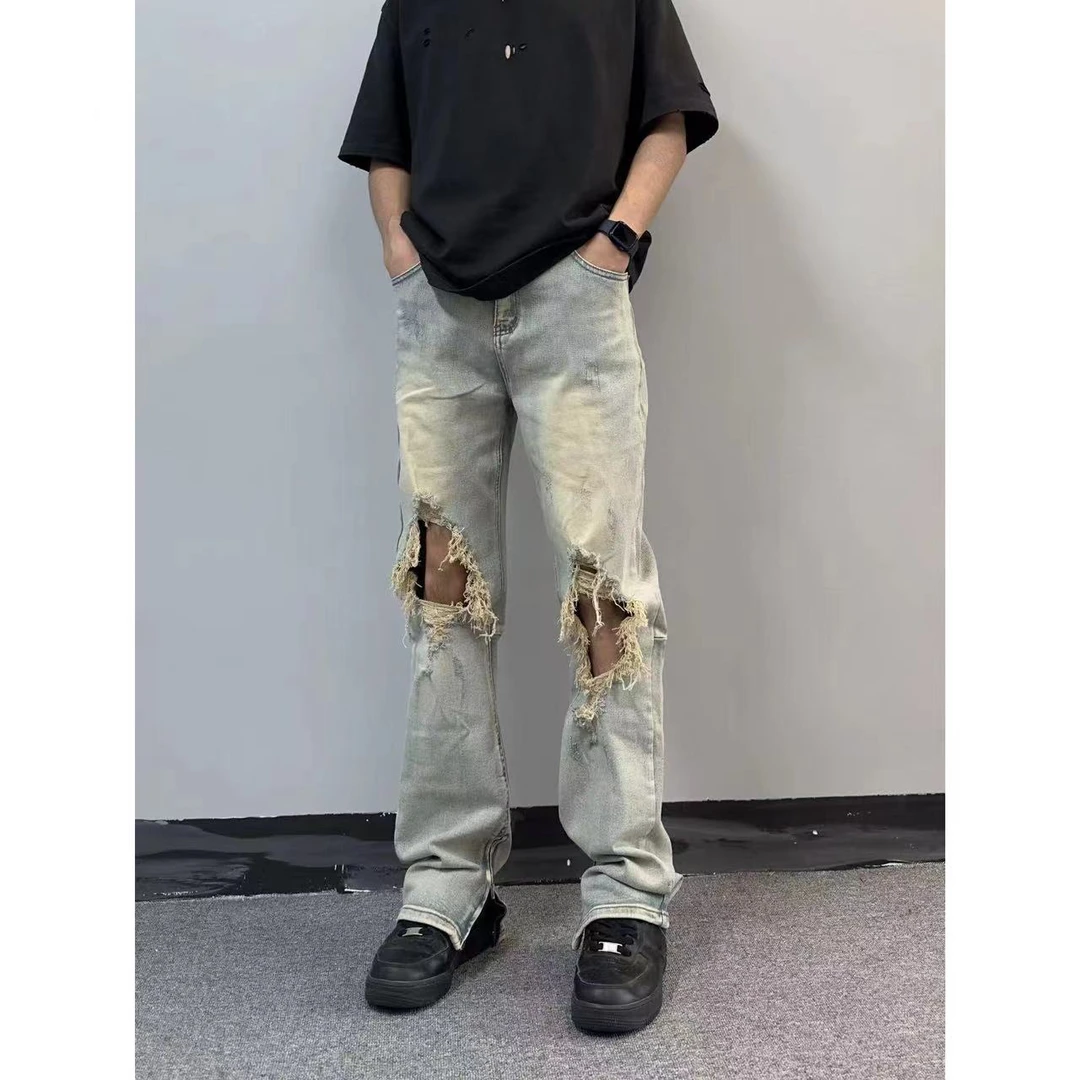 美式高街黄泥春夏牛仔裤脚口拉链开叉设计感宽松大码直筒休闲长裤
