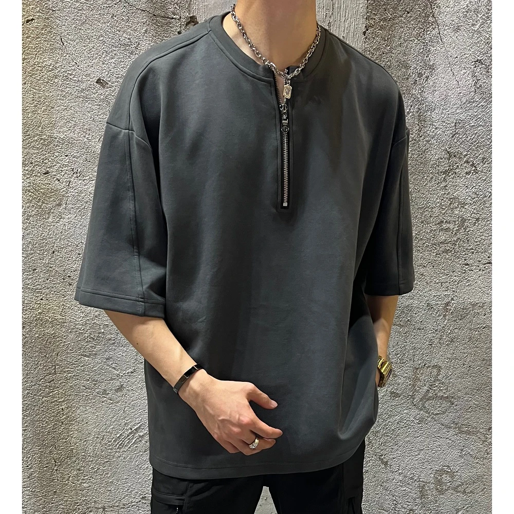 美式街头设计感拉链圆领宽松短袖重磅针织半袖百搭简约纯色休闲T