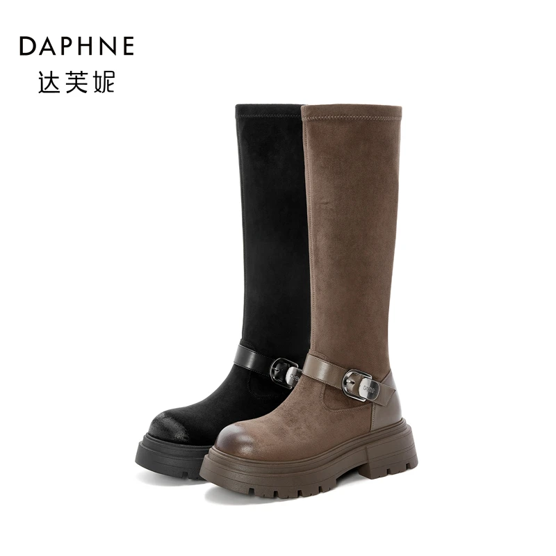 Daphne/达芙妮长靴靴女不过膝弹力瘦瘦靴2024年冬新款厚底骑士靴