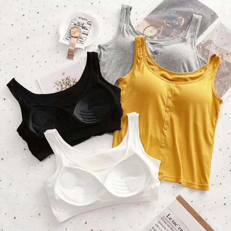 中老年背心吊带女短款一体式带胸垫纽扣装饰打底内外穿防走光运动