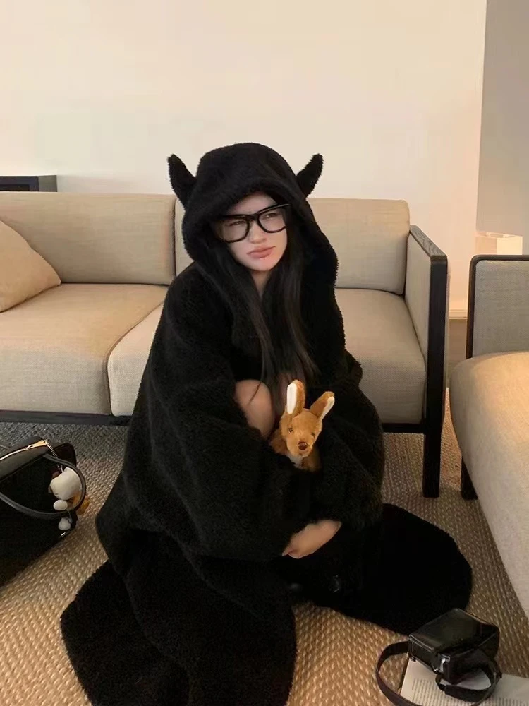 牛角帽长款皮毛一体羊羔毛风衣大码女装韩版ins风宽松慵懒风甜美