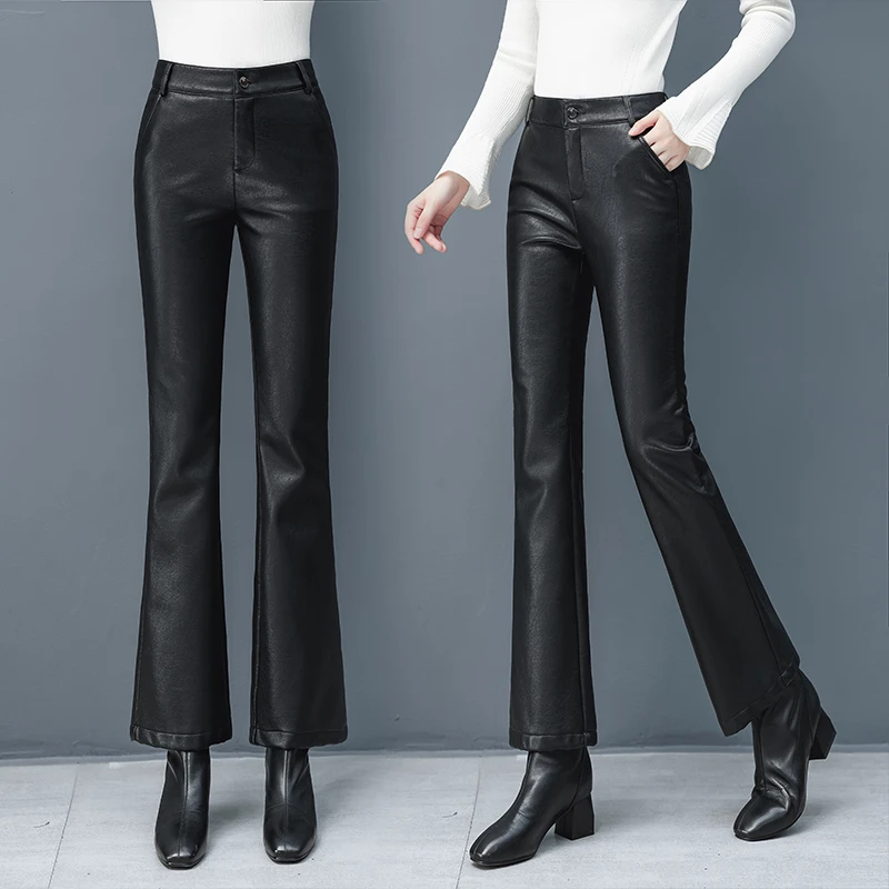 小个子加厚加绒休闲微喇皮裤女秋冬季高腰显瘦喇叭裤外穿长裤黑色