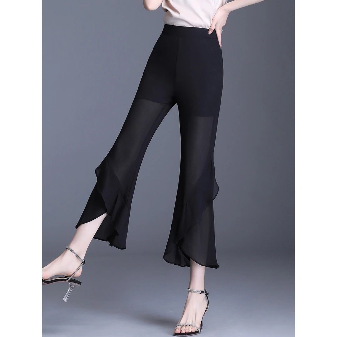 雪纺女裤子夏季小个子2025新款七分喇叭裤薄款休闲微喇九分裤