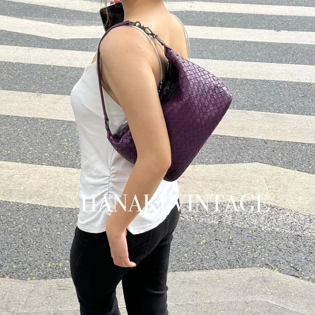 95新 BOTTEGA VENETA/葆蝶家 花绮中古/BV葡萄紫饭盒腋下单肩包