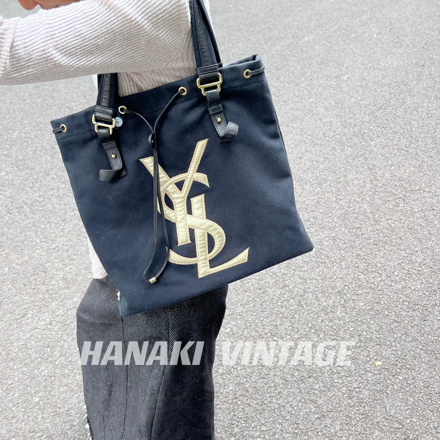 95新 YSL/圣罗兰 花绮中古/YSL黑金帆布托特单肩包