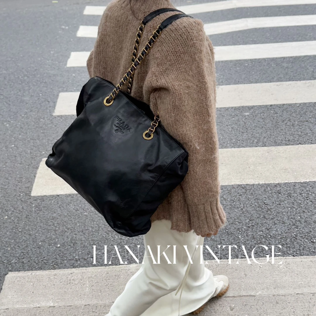 95新 Prada/普拉达 花绮中古/Prada黑色拼皮双链条托特单肩包