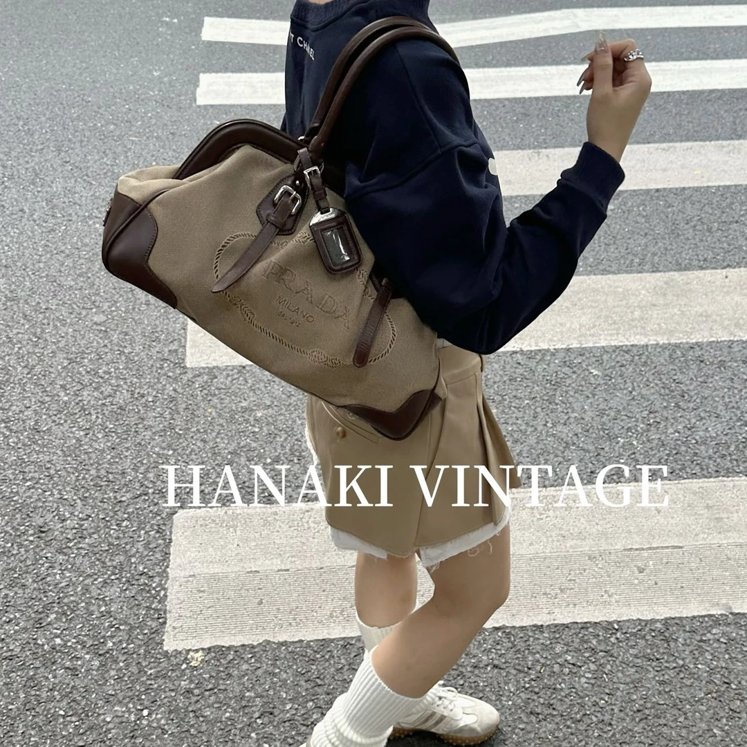 95新 Prada/普拉达 花绮中古/Prada卡其色蛙口单肩包