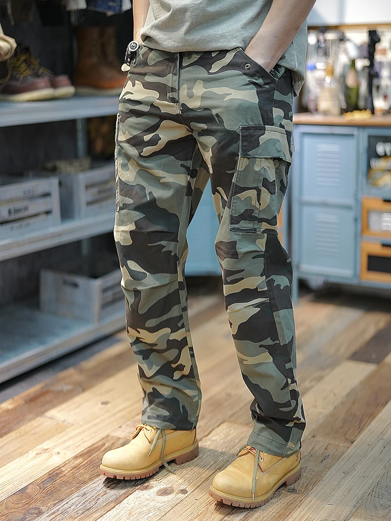 802男士多口袋重磅工装裤宽松潮流弹力修身直筒迷彩美式复古长裤