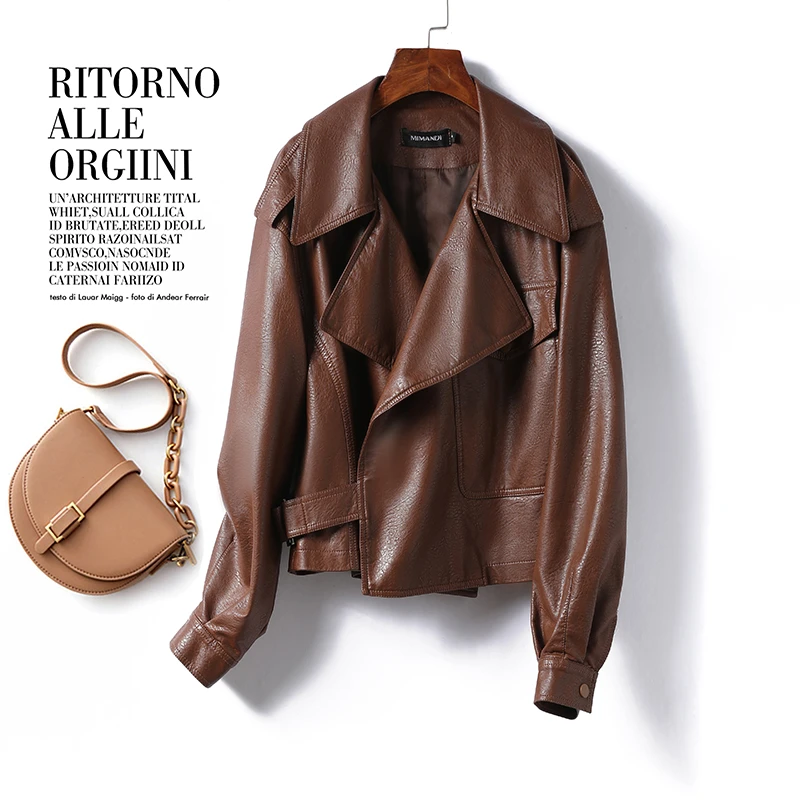 欧洲站韩版皮衣女短款2024秋季新款短款时尚宽松海宁皮夹克皮外套