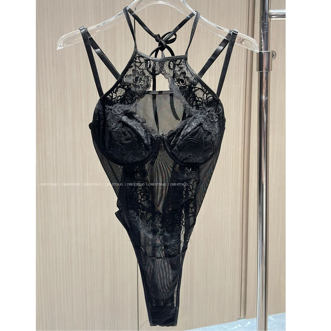 蕾丝拼接套脖辣妹风可拆卸胸垫连体吊带纯欲蕾丝挂脖辣妹