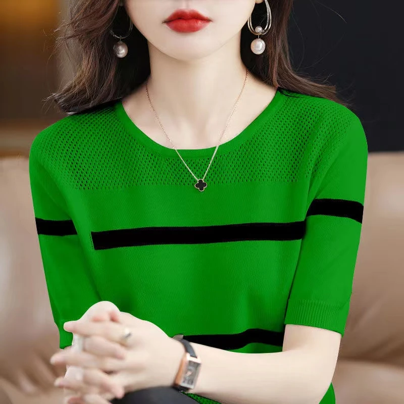 春夏季韩版圆领针织短袖薄款女2025新款时尚洋气镂空条纹拼色上衣
