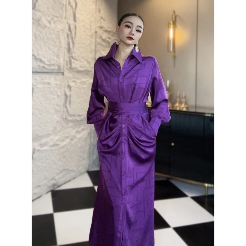 麦子原创轻奢设计师女装时尚气质显瘦连衣裙暮紫色字母印花衬衣裙