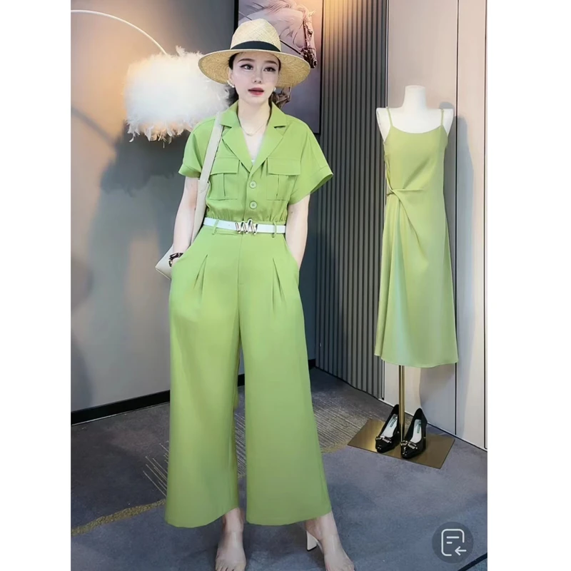 连体裤女九分裤高腰修身显瘦时尚气质法式阔腿裤绿色洋气轻奢休闲