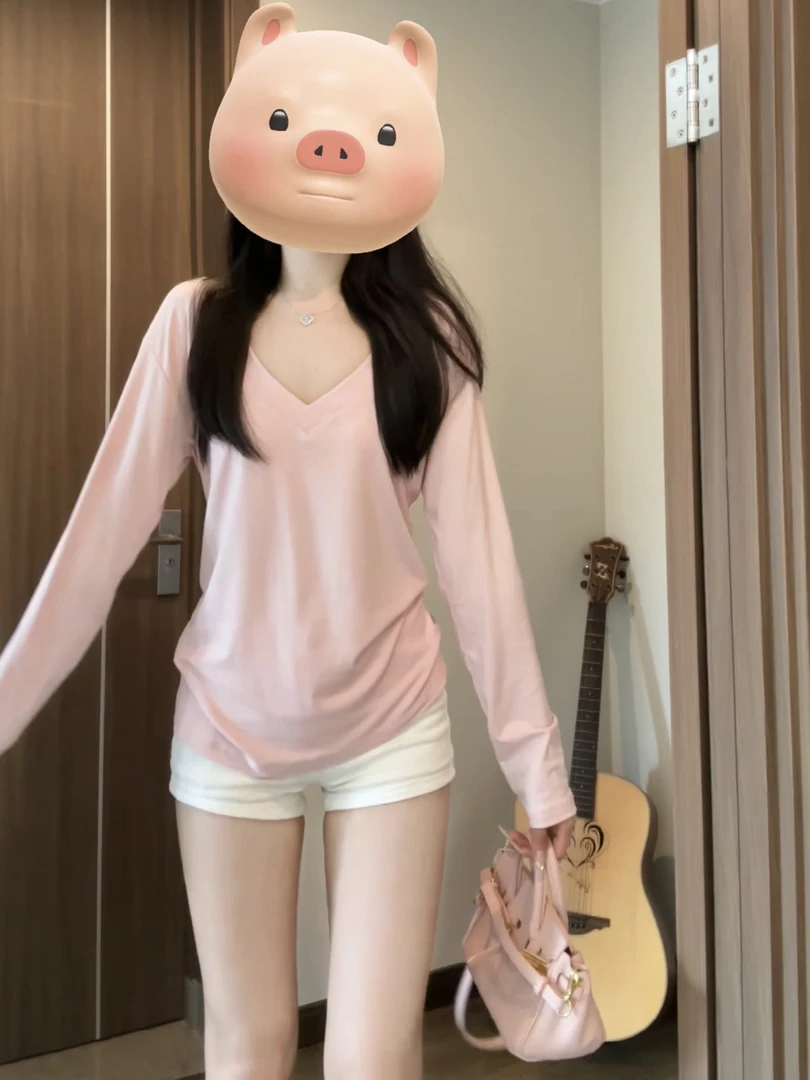 灰色白色好版型显瘦v领长袖简约百搭辣妹修身打底T恤上衣纯色套头