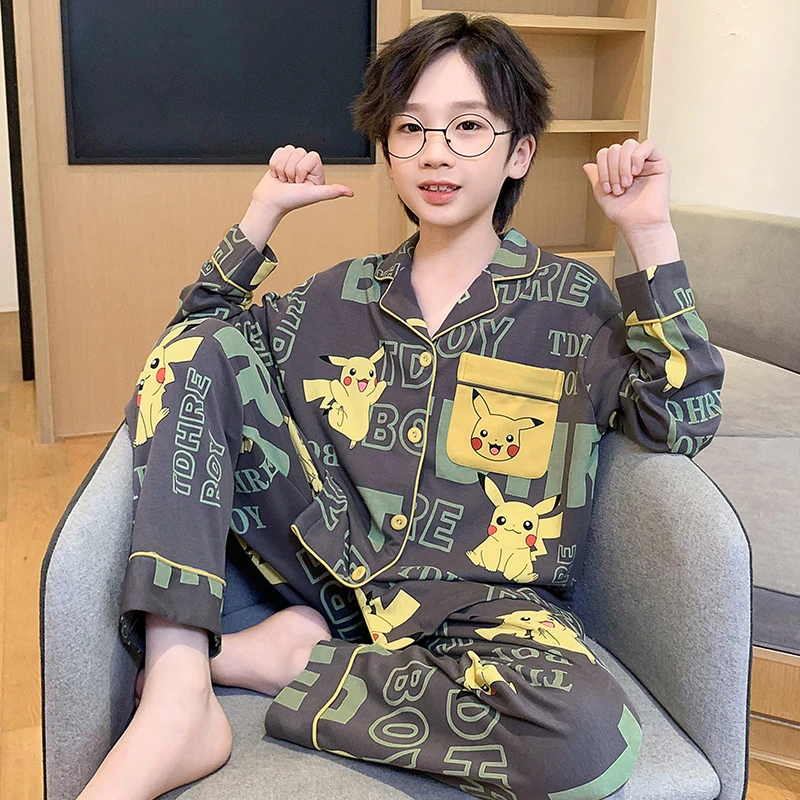 2025新款男童睡衣春秋季纯棉长袖薄款儿童小男孩青少年大童家居服