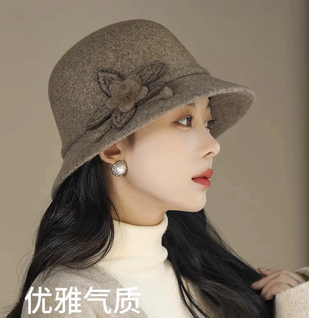 气质优雅花朵渔夫帽子女秋冬天保暖洋气百搭羊毛呢中老年妈妈