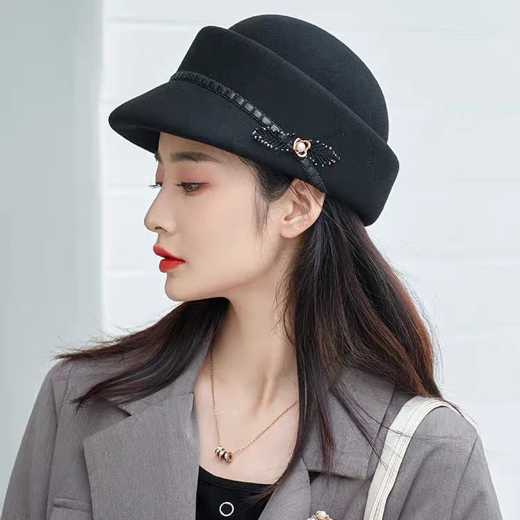 高品质英伦复古马术帽礼帽 黑色女士时尚百搭毛呢秋冬休闲韩版