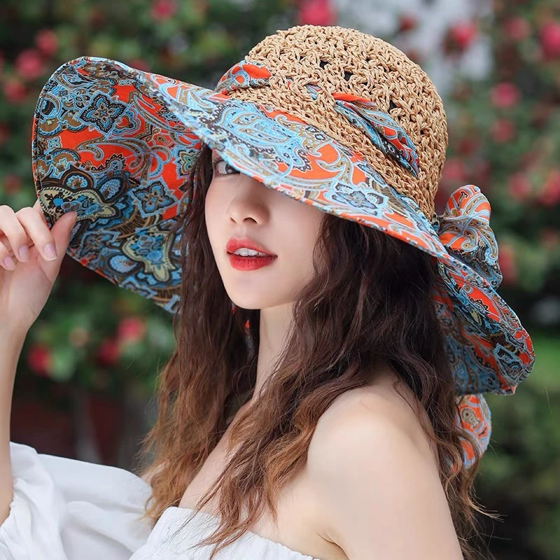 民族风沙滩遮阳帽 女夏海边大檐帽防晒太阳帽女士防紫外线遮全脸