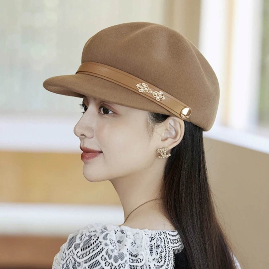 小皮带盘扣八角帽金属扣装饰女复古羊毛呢南瓜帽鸭舌帽马术帽毡帽