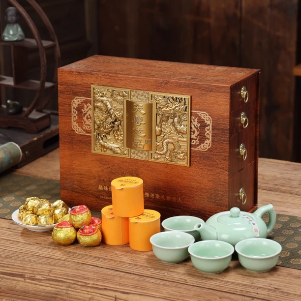 天龙尊品 大红袍正山小种小青柑小沱茶 共288g茶叶加茶具礼盒装