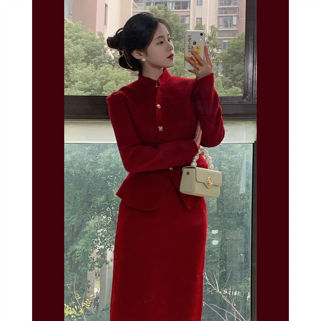 秋冬季新中式显瘦加厚高档外套伴娘敬酒服红色小香风套装两件套女