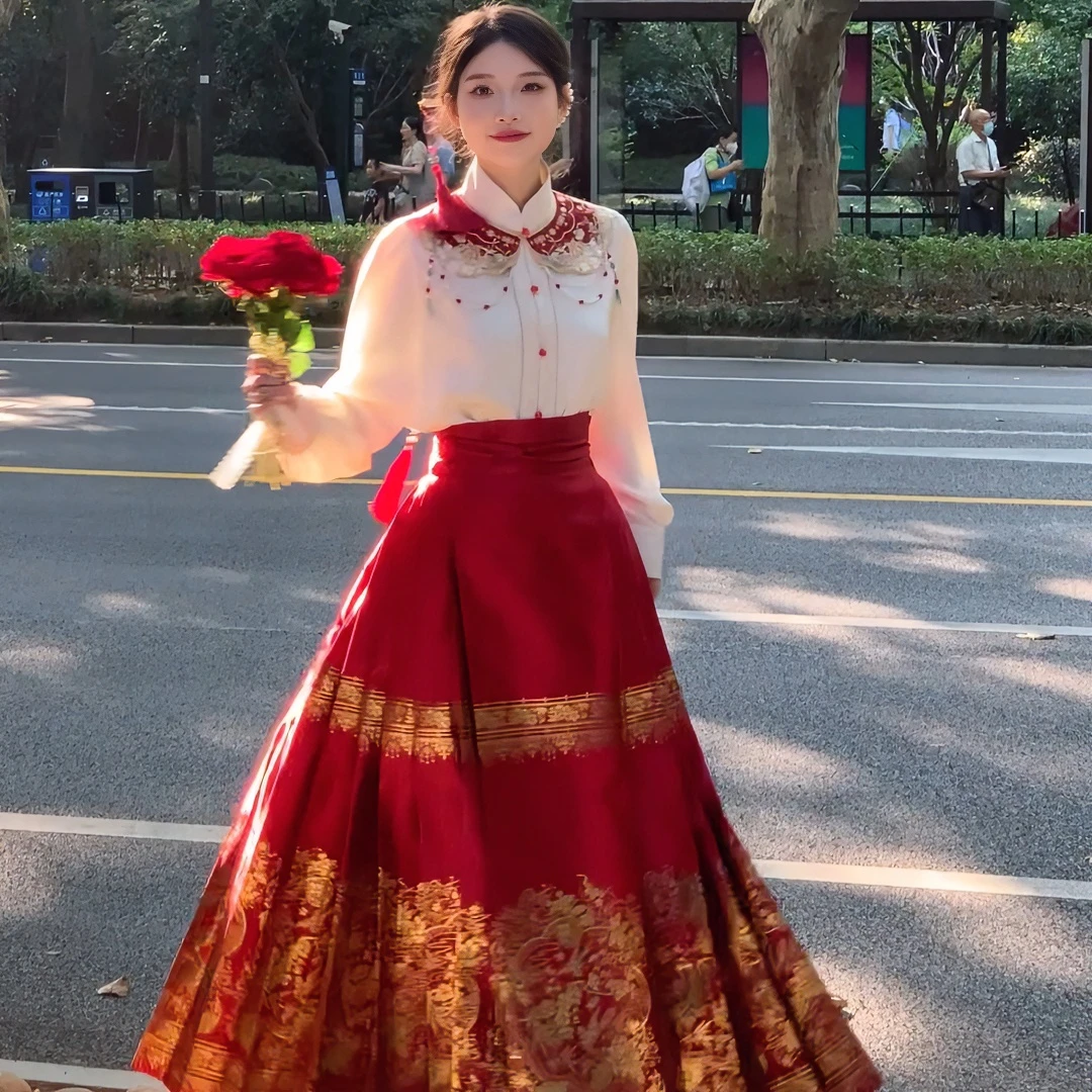 新中式高档汉服中国风红色订婚马面裙上衣敬酒服裙子古风婚礼套装
