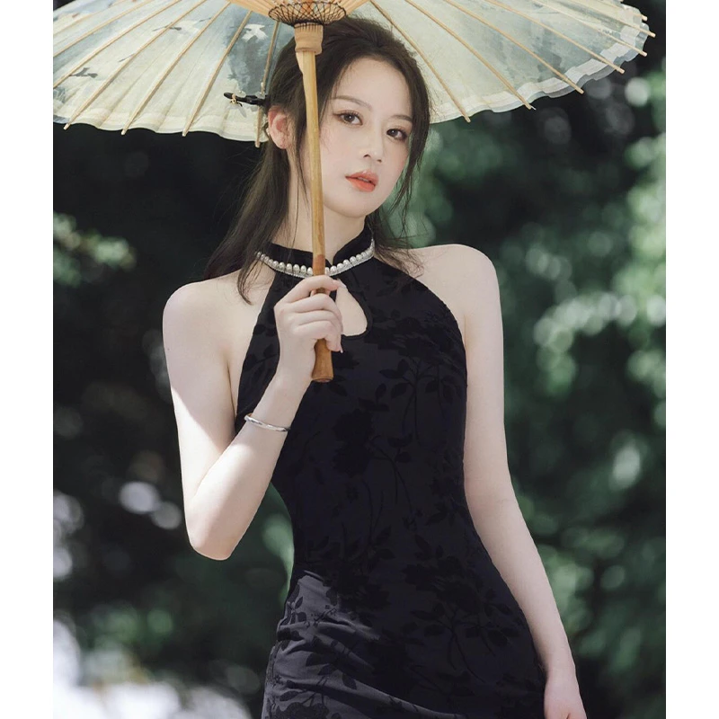 新中式风夏季植绒高级黑色旗袍优雅修身无袖显瘦轻熟性感旗袍裙女